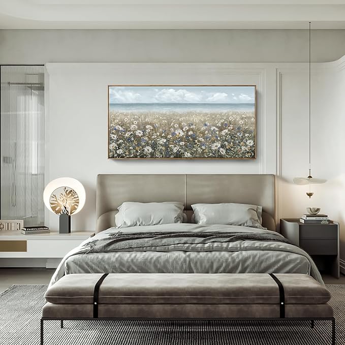 amatop Oversized Wall Art for Living Room Extra Large Farmhouse Boho Framed Beach Coastal Vintage Ocean Floral Canvas Print Daisy Flowers Sea Wall Picture Neutral Nautical Artwork Bedroom Office Decor-Ruum Studio Home