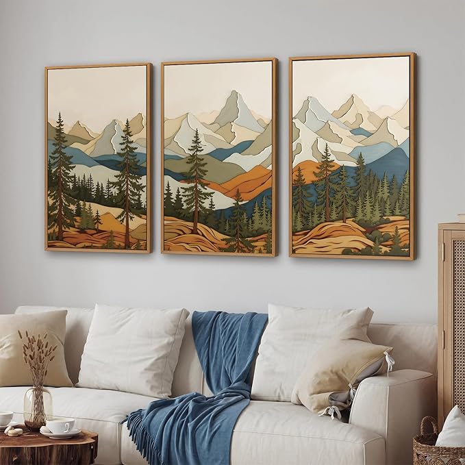 SIGNINART Vintage Mountains Framed Canvas Wall Art, Wooden Forest Wall Decor, Green Wood Pine Trees Wilderness Artwork, Metal Ridge Landscape Art Paintings for Living Room Bedroom Office 16"x24"x3-Ruum Studio Home