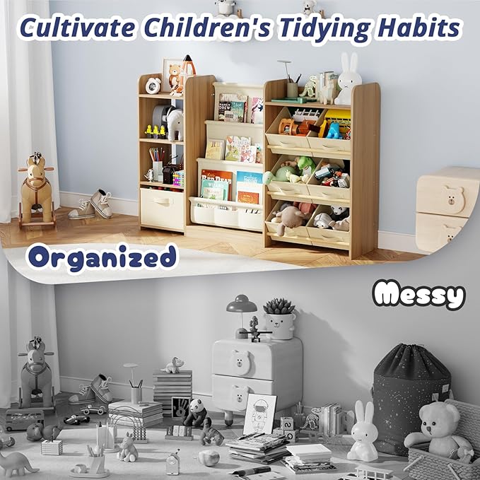 Kids Toy Book Storage Organizer - Large Bookshelf with 7 Removable Bins, Baby Bookshelf and Toy Storage, 4-Tier Book Shelf for Kids Room, Playroom, Classroom, 51 inch, Burlywood-Ruum Studio Home