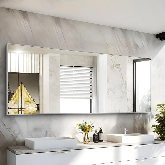 36x72inch Bathroom Mirror, Silver Rectangle Mirror with Thin Metal Frame, Large Rectangular Wall Mirrors for Bathroom, Living Roomm, Hair Salon, Big Farmehouse Mirror Hang Horizontal/Vertical-Ruum Studio Home