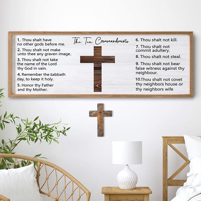 Ten Commandments Rustic Bible Verse Framed Wall Art 40" x 15" Natural Religious Christian Slogan Representing God Jesus Christ Prayer Vintage Holy Inspirational Catholic Scripture Decor-Ruum Studio Home
