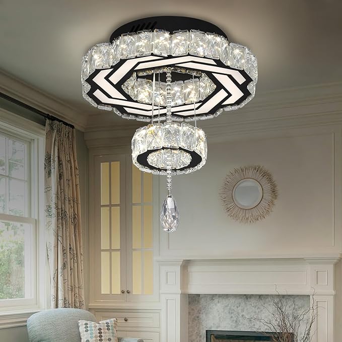 Flashing God Small Crystal Chandeliers Dia 12" Black Chandelier Flush Mount Ceiling Light for Bedroom Living Room Dining Room Hallway Dimmable 3 Rings LED Celing Lighting Fixtures-Ruum Studio Home