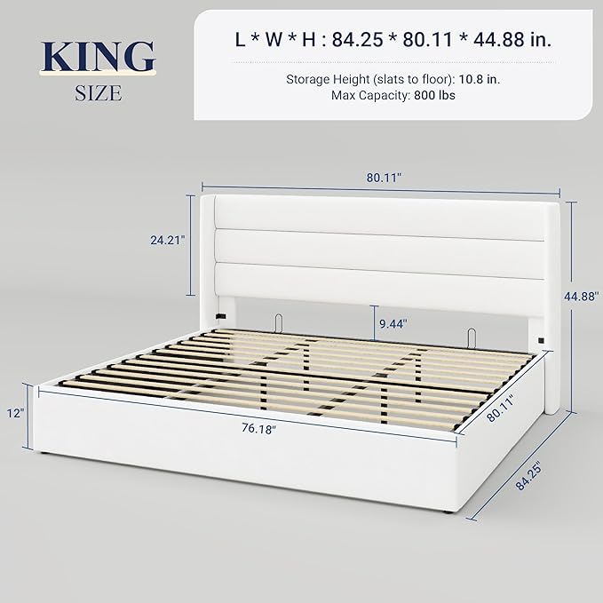 Allewie King Size Velvet Lift Up Storage Bed, Modern Wingback Headboard, Hydraulic Support, No Box Spring Needed, White-Ruum Studio Home