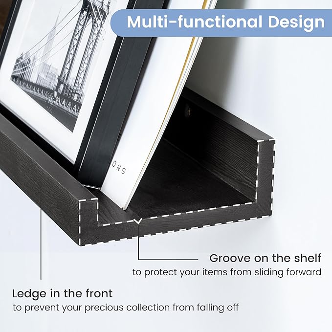 Picture Ledge Shelf for Wall, 48 inch Solid Pine Wood Nursery Book Shelves 2 Packs, Floating Ledge Shelves for Kids' Room Bedroom Bathroom Living Room Photo Frames Office Nursey Wall Decor, Black-Ruum Studio Home