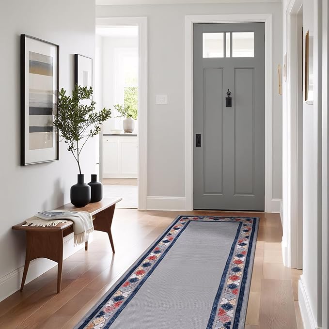 Beverly Rug Outdoor Runner Rug 2x7 Modern Floral Bordered Area Rugs for Indoor and Outdoor Patio Easy to Clean Non Shedding Living Room Porch Garden Washable Outside Carpet (2 x 7 Gray)-Ruum Studio Home