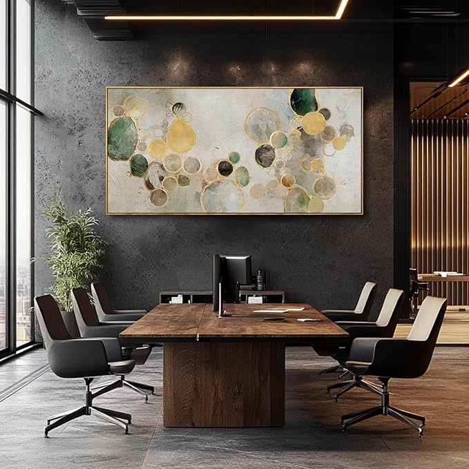 Abstract Canvas Wall Art Gold Circle Painting Green Artwork Framed Wall Prints 29"x 58" Office Wall Decor Colorful Pictures for Living Room Bedroom-Ruum Studio Home