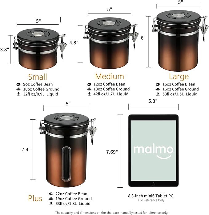 malmo Coffee Canister, Airtight Coffee Container with Date Tracker Lid, Stainless Steel Canister for Kitchen Food Storage (Black-Copper, 12oz)-Ruum Studio Home