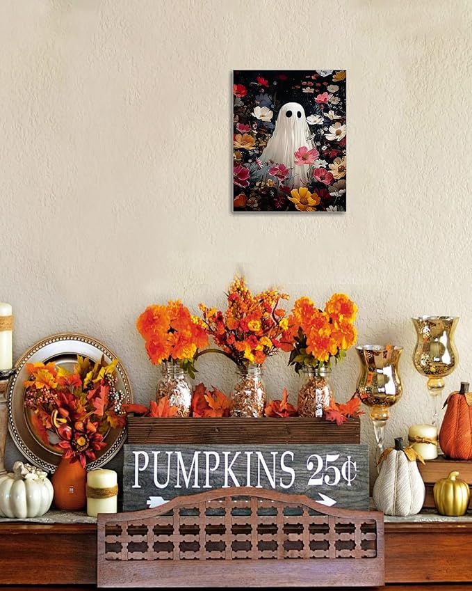Halloween Canvas Wall Art,Vintage Cute Ghost & Wildflowers Framed Poster, Spooky Fall Decorations for Indoor, Gothic Dark Academia Wall Decor, Funny Halloween Decorations for Living Room Bedroom-Ruum Studio Home