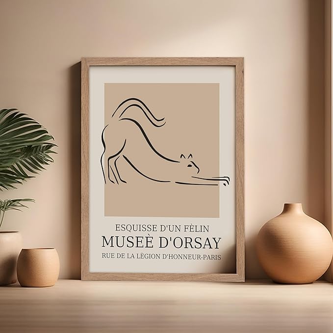 Poster Master Vintage Poster - Retro Minimalist Print - Gift for Artist, Housewarming - Cat, Line Drawing, Sketch, Abstract - Wall Decor for Living Room, Bedroom, 16x20 Beige Framed-Ruum Studio Home