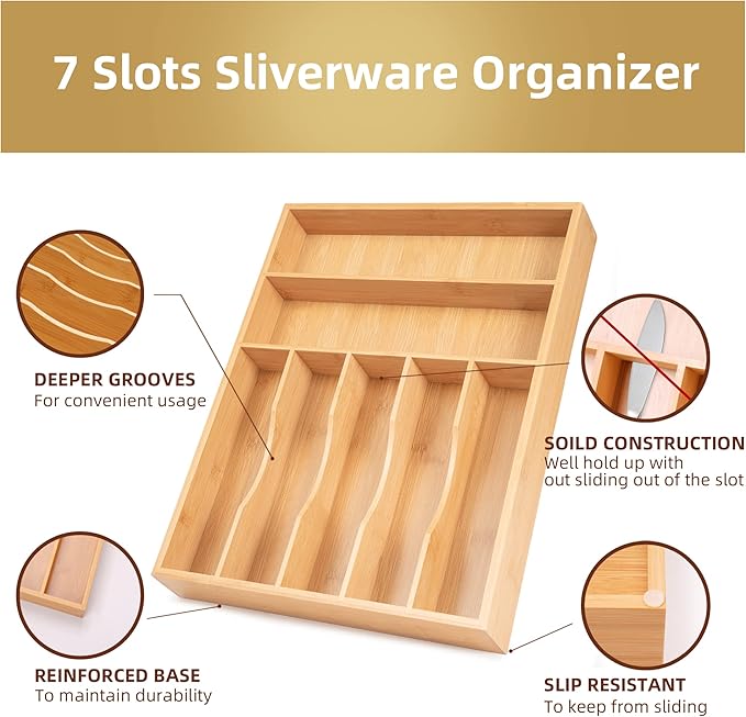 Silverware Organizer Kitchen Drawer Organizer Utensil Organizer Bamboo Silverware Holder Cutlery Organizer in Drawer Flatware Organizer Tray(7 slots, Natural-Ruum Studio Home