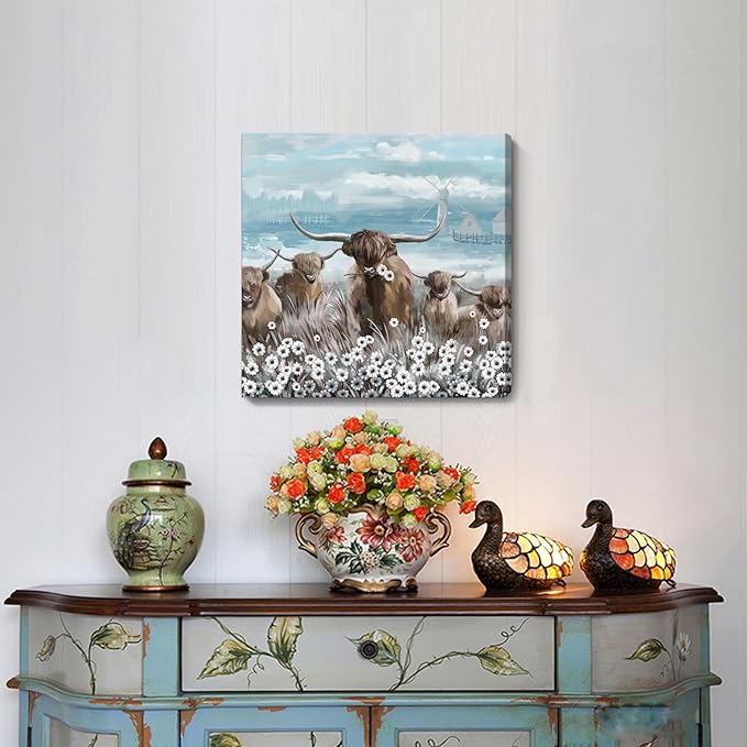 Canvas Wall Art Bathroom Coastal Boho Farmhouse Highland Cow Flower Picture Floral Artwork Rustic Country Landscape Longhorn Animal Painting for Living Room Bedroom Kitchen Décor Blue Brown Small-Ruum Studio Home