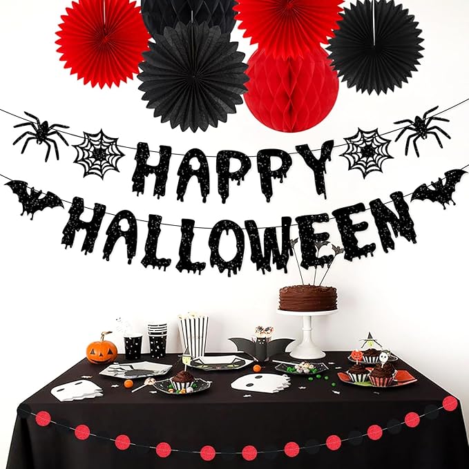 Red Black Happy-Halloween Party Decorations - 13PCS Spider Web Bats Streamers Banner ,Paper Flowers Lanterns Tissue Pom Poms Fans, Classroom Birthday Bachelorette Hanging Supplies Decor Hugfond-Ruum Studio Home