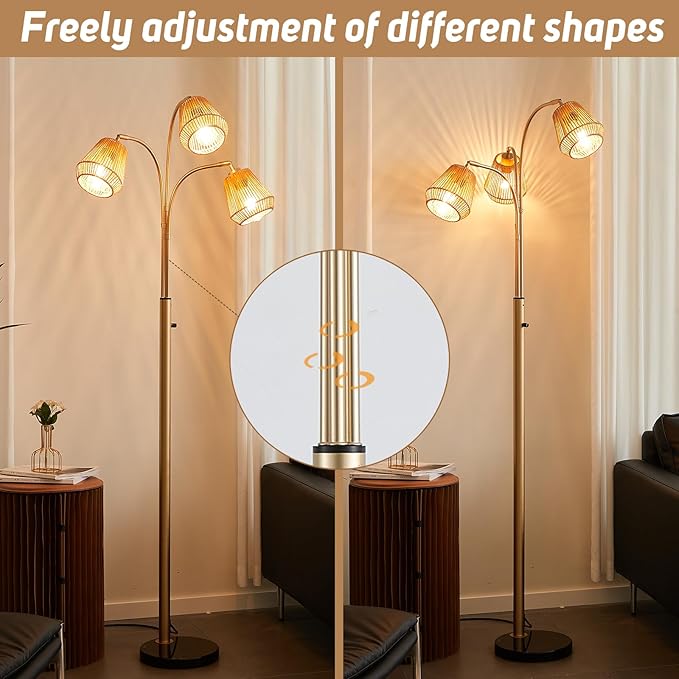 Gold Rattan Floor Lamp for Living Room, 72 Inch Tall Boho Floor Lamp with Rotary Switch, 3 Lights Arc Lamp with Wicker Shade for Coastal,Bohemian,Modern,Tree Farmhouse Standing Lamp-Ruum Studio Home
