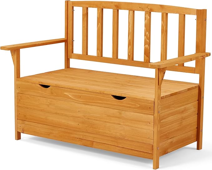 AVAWING Outdoor Storage Bench, Wooden Garden Bench Weatherproof, Patio Benches for Outside, 2-Seat Front Porch Bench, Park Bench for Deck, Lawn, Backyard (Yellow)-Ruum Studio Home