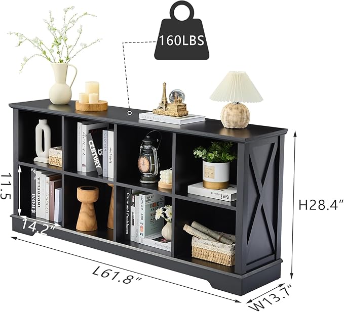 Farmhouse 8 Cube Bookshelf, Black Storage Organizer Bookcase, Kids Toy Storage Cabinet, Long Bookshelves Storage Organizer Shelf, Wood Display Cabinet Book Shelves for Bedroom,Living Room,Office-Ruum Studio Home