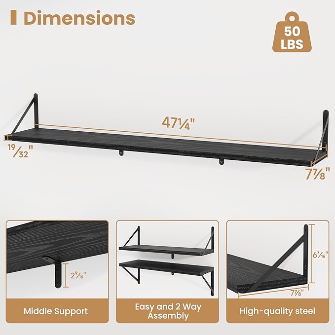 Heimlove 48 Inch Large Floating Bookshelves Set of 3,Black Wall Mounted Bookshelves,Heavy Duty Wooden Shelves for Living Room,Bedroom,Kitchen,Laundry Room Storage & Decor-Ruum Studio Home