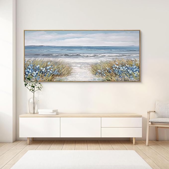 XLSJERST Extra Large Framed Wall Art for Living Room Decor - Farmhouse Boho Beach Coastal Vintage Floral Ocean Wall Picture Flowers Sea Canvas Print Artwork for Home Bedroom Office-Ruum Studio Home