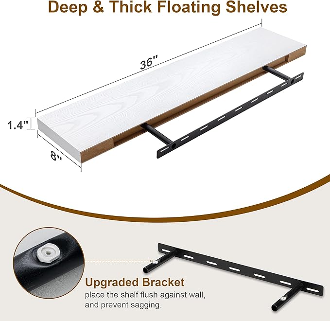 Fun Memories White Floating Shelves 36 Inch Long, 8 Inch Deep Floating Shelf for Wall, 36" W x 8" D Floating Shelves Set of 2, White Deep Wall Shelves for Bedroom, Living Room, Kitchen-Ruum Studio Home