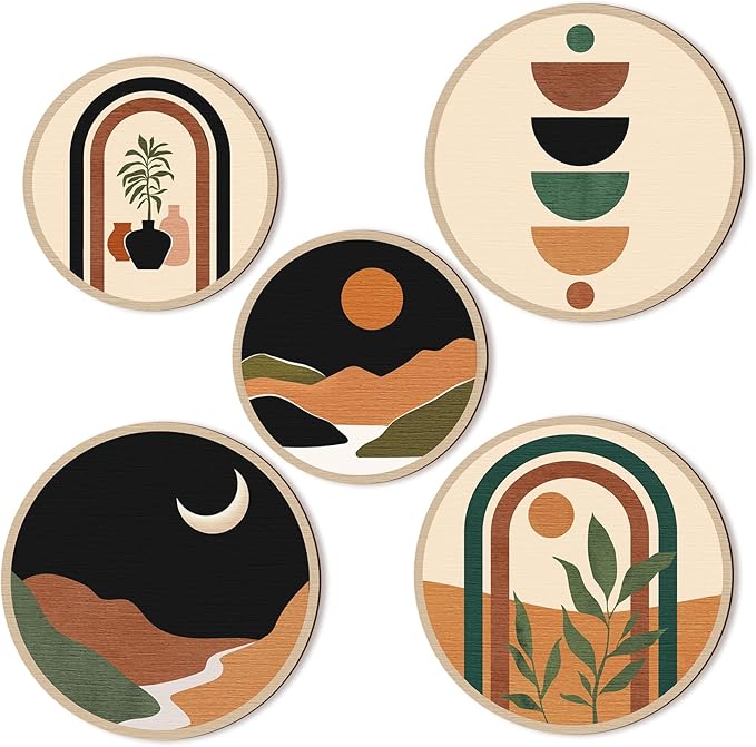 Qunclay 5 Pcs Wall Art Decor Wooden Living Room Wall Decor Bohemian Hanging Farmhouse Geometric 10'' and 8'' Aesthetic Wood Minimalist Posters for Bedroom(Sunset)-Ruum Studio Home