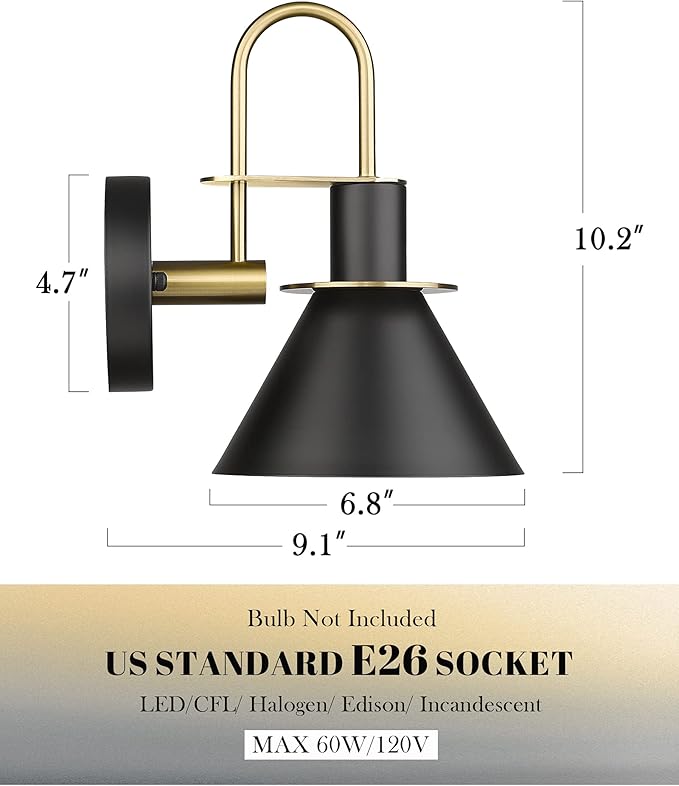 Industrial Wall Sconce Set of 2, HWH Modern 1-Light Bathroom Vanity Light Fixtures, Single Wall Sconce for Bedroom, Balcony, Over Mirror, Kitchen Sink, Black and Gold Finish, 5HZG56B-2 BK+BG-Ruum Studio Home