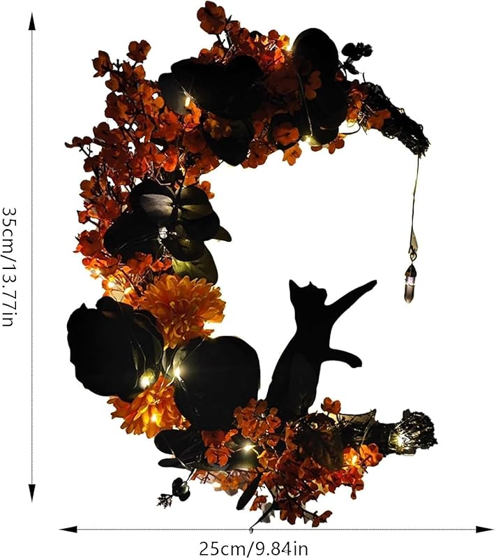 Halloween Wreaths for Front Door with Light, Black Cat Crescent Moon Wreath, Cute Cat Garland Halloween Door Decorations for Outdoor Indoor Decor Wall Window Home Party-Ruum Studio Home