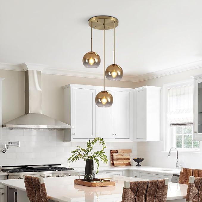 KCO Lighting 3 Light Globe Cluster Pendant Light Modern Glass Cluster Chandelier Gold Glass Pendant Light Fixture Mid Century Dining Room Chandelier Multi Pendant Light Fixture-Ruum Studio Home