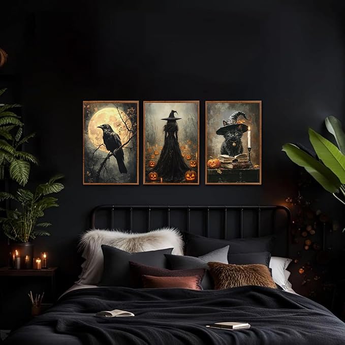 KAIRNE Framed Halloween Canvas Wall Art,Dark Witch Crow Prints,Black Cat Painting,Horror Gothic Pictures Set of 3 (16”X24”),Scary Halloween Wall Decor for Party Living Room Bedroom Office Decoration-Ruum Studio Home