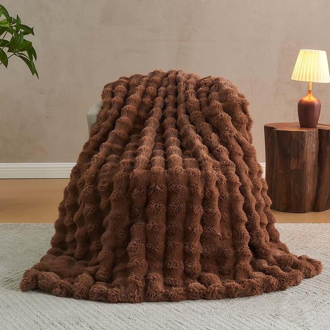 Lotus Karen Faux Fur Throw Blanket Dark Coffee - Big Bubble Rabbit Fluff Blanket for Couch Bed Sofa,Softest Fluffy Fuzzy Cozy Blanket,Thick Furry Plush Shaggy Warm Blankets for Women,108x90 Inches-Ruum Studio Home
