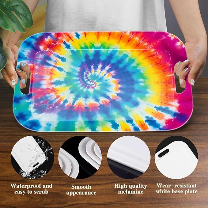 Serving Trays with Handles, 14.5 x 9.8 inch Rectangular Plastic Tray for Restaurant, Kitchen, Tie-Dye Colorful Spiral Patterns-Ruum Studio Home