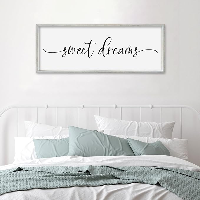 SRSZHIYUE Sweet Dreams Above Bed Wall Decor, 32"x12" Large Rustic Master Bedroom Over Bed Sign Guest Room Couples Wood Framed Farmhouse Horizontal Hanging Decoration (White)-Ruum Studio Home