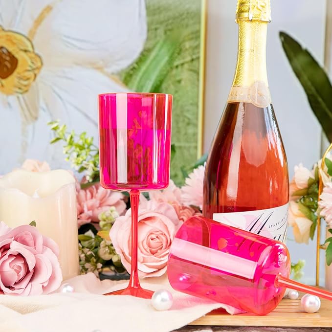 Ciaell 12 Pack Plastic Wine Glasses - 10Oz Hot Pink Plastic Wine Glasses With Stem - Disposable Stemmed Cups for Parties & Weddings-Ruum Studio Home