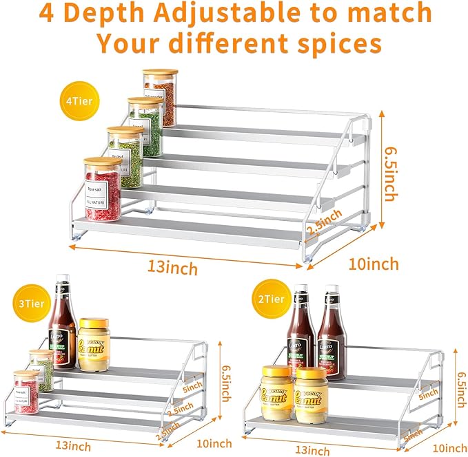 RCHYFEED 4 Tier Spice Rack Organizer, Spice Organization for Cabinet,Pantry, Countertop,Tiered Spice Rack Easy Visibility,Depth Expandable Seasoning Shelf for Kitchen Cabinet Organizer,Silver-Ruum Studio Home