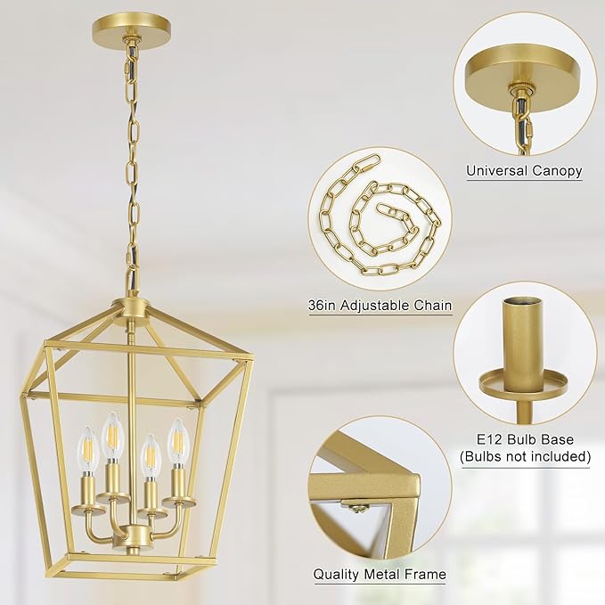 4 Light Gold Chandelier, Industrial Ceiling Light Lantern Light Fixtures with Farmhouse Metal Cage Adjustable Height Rustic Geometric Hanging Light E12 Base for Kitchen Island, Entryway, Indoor-Ruum Studio Home
