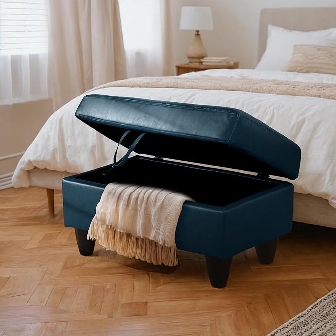 Ottoman Rectangular Storage Ottoman Bench, Faux Leather Footrest, Coffee Table, Stool Footstool with Hinged Lid for Living Room, Bedroom, Entryway, Dark Blue, 35"x23.5"x17.5"-Ruum Studio Home