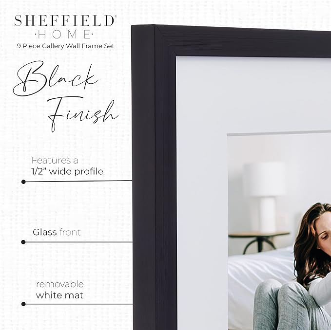 Sheffield Home 9 Piece Gallery Wall Frame Set, 11x14 in. matted to 8x10 in. (Matte Black)-Ruum Studio Home