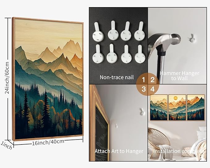 Tinonedraw Large Mountain Framed Canvas Wall Art Set of 3, Boho Nature Forest Wall Decor, Neutral Wooden Pine Trees Artwork, Sunrise Ridge Landscape Art Printing for Living Room Bedroom Office 16"x24"-Ruum Studio Home