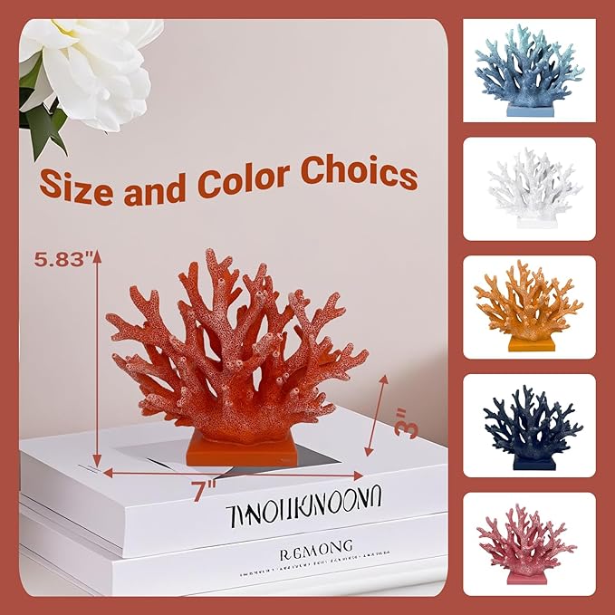 5.8" H Red Orange Coral Decor - Resin Coral Statue, Nautical Decor for Home, Bedroom, Bathroom, Living Room, Ocean Themed Cabinet Shelf Tabletop Decoration-Ruum Studio Home
