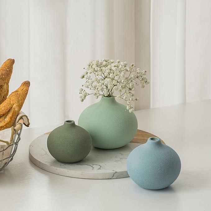Ceramic Vase Set of 3, Mini Flower Vase for Home Decor, Modern Vase, Small Flower Vases for Dining Table Centerpieces,Living Room,Shelf,Mantel and Entryway Display-Ruum Studio Home