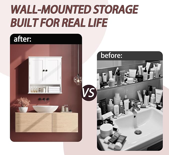 Bathroom Cabinet Wall-Mounted, White Storage Cabinets with Adjustable Shelves, Space-Saving Organizer with 2 Doors for Bathroom, Laundry, Kitchen - Moisture Resistant & Easy Install-Ruum Studio Home