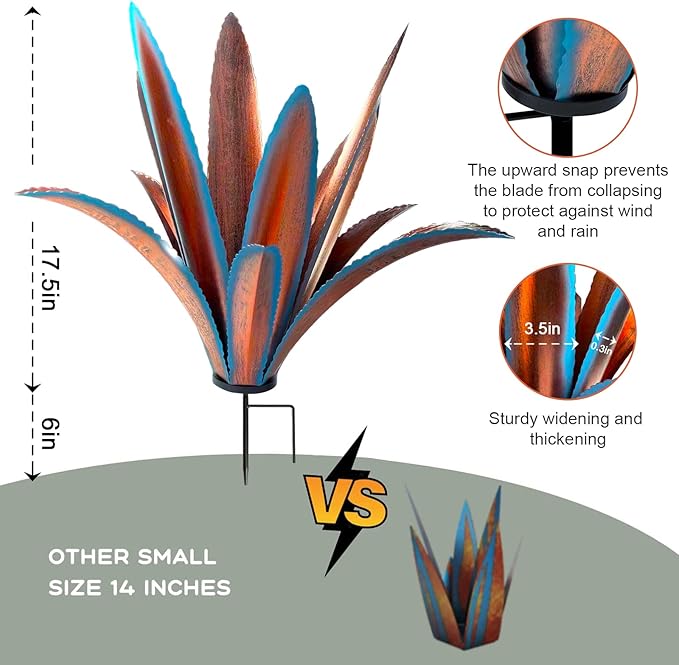 TOMBABY Enlarge Thickened Wind Resistant Metal Agave Garden Art Metal Plant Country Sculpture Statue Outdoor Decoration Agave Metal Plant Courtyard Garden Lawn Ornament Gift (1, 12 Leaves Blue)-Ruum Studio Home