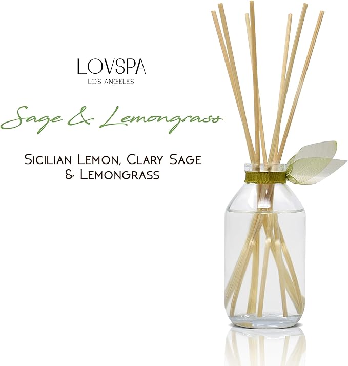 LOVSPA Reed Diffuser Set, Sage & Lemongrass Scented Oil Diffuser with Sticks, Home Fragrance Accessories for Bathroom Shelf Decor, Aroma Diffusers for Home or Office Desk, USA Made-Ruum Studio Home