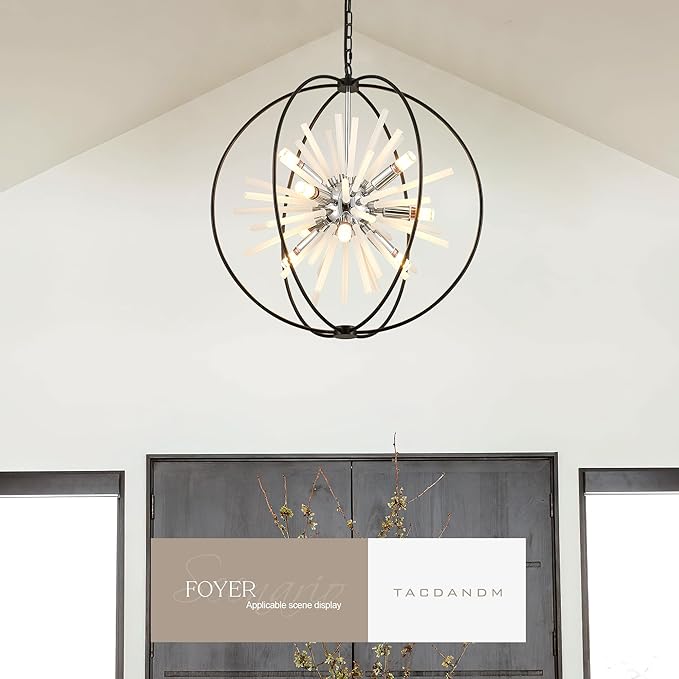 23.6" Black Chrome 12-Light Globe Sputnik Chandelier Modern Adjustable Hanging Ceiling Glass Tube Pendant Light Fixture for Entryway Foyer Staircase Dining Living Room Hallway-Ruum Studio Home