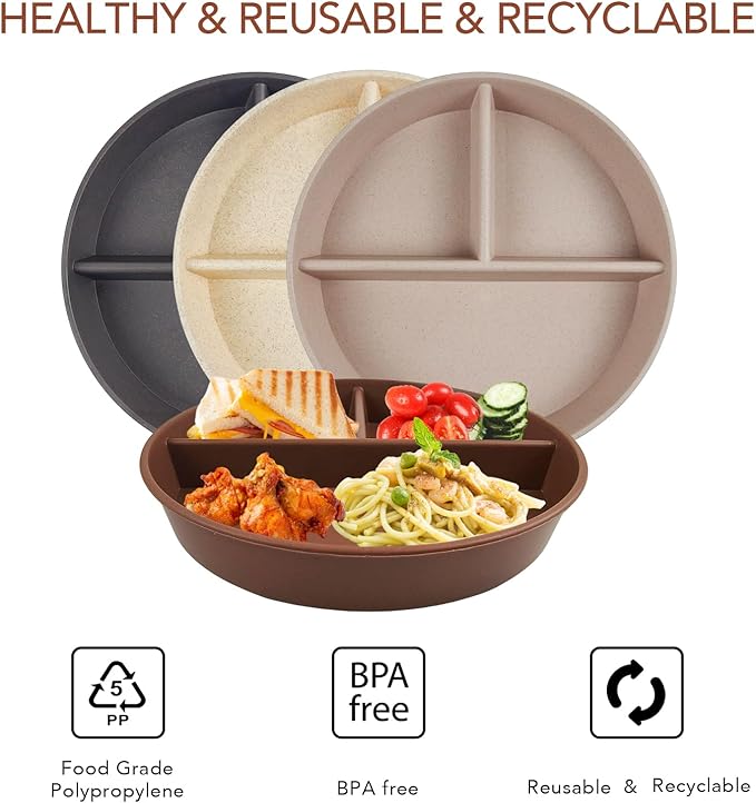 greenandlife 9 Inch 4PCS Portion Control Plates with Lids, Divided Plates for Kids Adults, Dishwasher Microwave Safe Compartment Plate, Unbreakable Lightweight Reusable Wheat Straw Plate, Earth Tone-Ruum Studio Home
