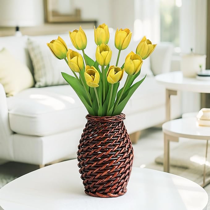 Artificial Tulips Flowers – 20" Long Stem Faux Tulips, 10PCS Real Touch Fake Yellow Tulip for Vase, Farmhouse, Kitchen, Spring & Wedding Home Decor-Ruum Studio Home