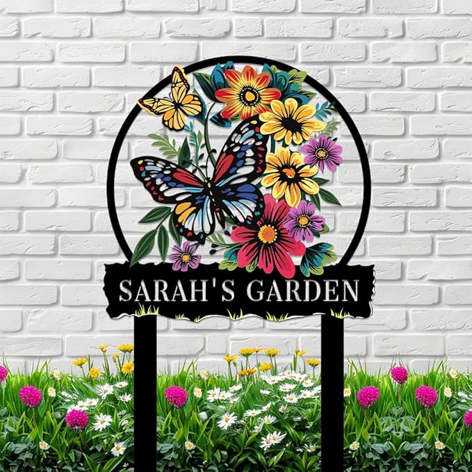 Personalized Butterfly Metal Sign with Stake,Custom Gardener Family Name Signs Outdoor Decorate,Customized Garden Accessories Decor for Mother's Day,Sunflowers Plaques for Patio Lawn Porch Backyard-Ruum Studio Home