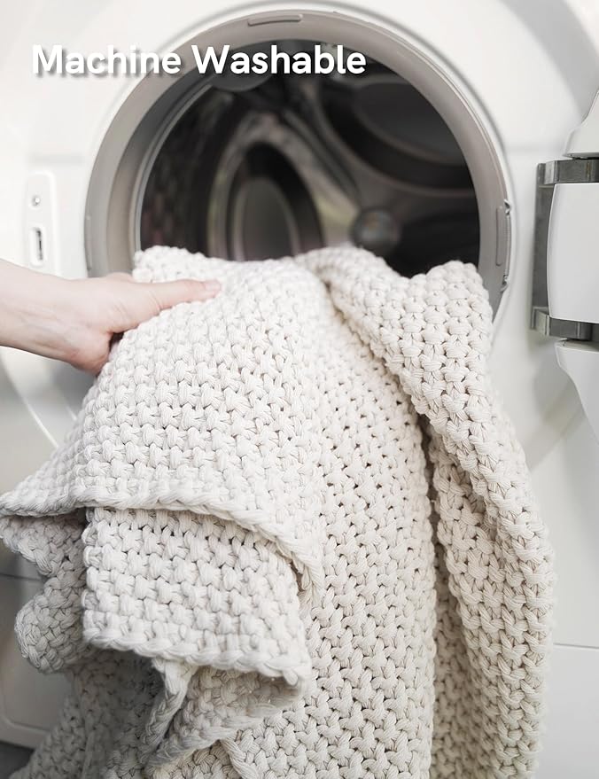 YnM Chunky Cotton Knit Throw Blanket, Cable Knit Throws for Bed Couch Sofa, Comfy & Relaxing, Decorative Piece for Farmhouse Modern Boho Rustic Scandinavian Chic Vibe, Beige 80x87 Inches-Ruum Studio Home