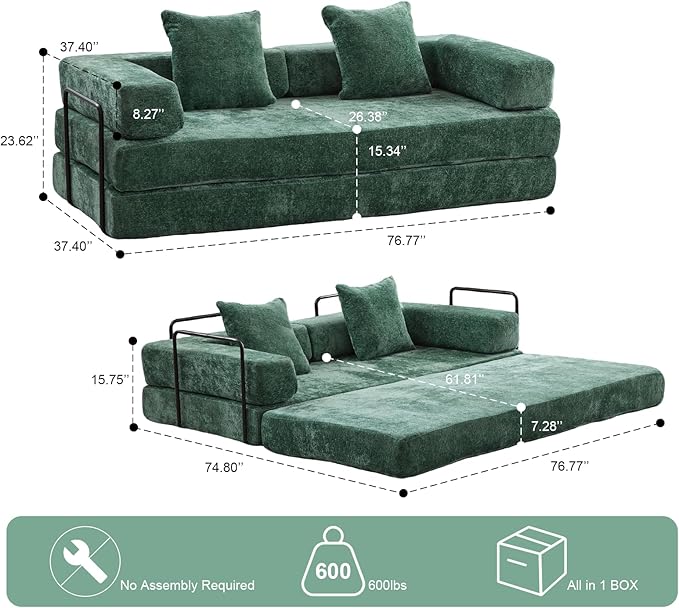 Convertible Sleeper Sofa Bed, Compression Folding Sofa with Pillow, No Assembly Required, Shape Frame, Floor Sofas Lounge Couch for Living Room, Bedroom, Small Spaces(Chenille, 77''W, Dark Green)-Ruum Studio Home