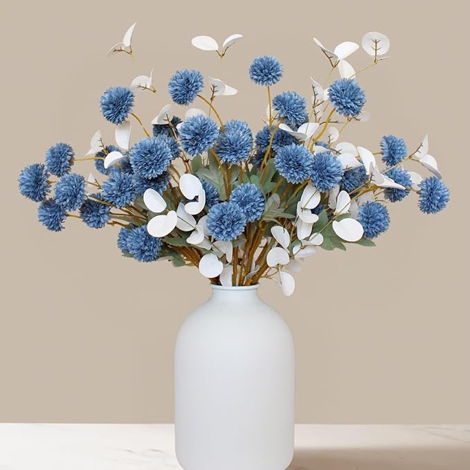Faux Dusty Blue Flowers, Blue and White Floral Stems for Centerpieces, Fake Mums Artificial Flowers, Flores Azules Artificiales para Decoracion, Long Stems for Vases, DIY Silk Floral Arrangements-Ruum Studio Home