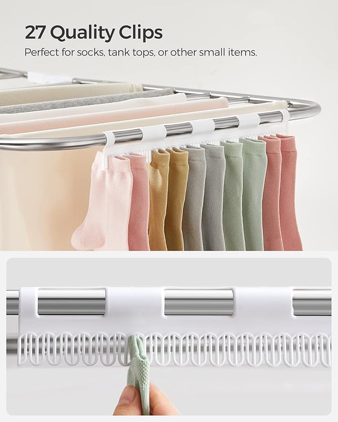 SONGMICS Clothes Drying Rack, with Sock Clips, Metal Laundry Rack, Foldable, Space-Saving, Free-Standing Airer, with 2 Height-Adjustable Gullwings, Indoor Outdoor Use, Silver and White ULLR052W01-Ruum Studio Home