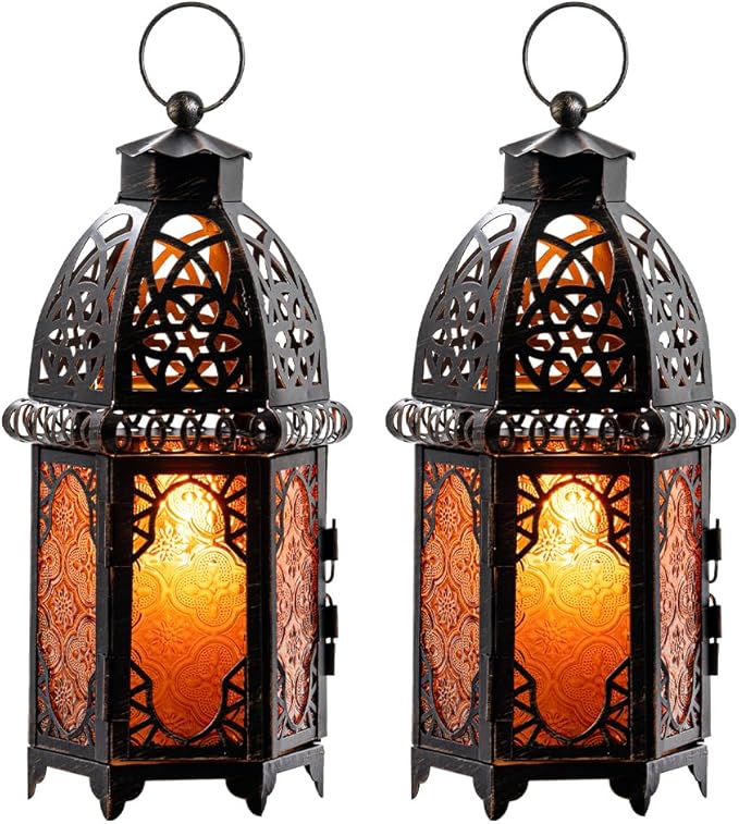NEEDOMO Set of 2 Moroccan Lanterns Decorative Indoor & Outdoor, Hanging Candle Lantern, 11'' Vintage Candle Holder, Metal Lanterns Decorative, Table, Patio, Porch, Shelf, Gothic Home Decor (Amber)-Ruum Studio Home